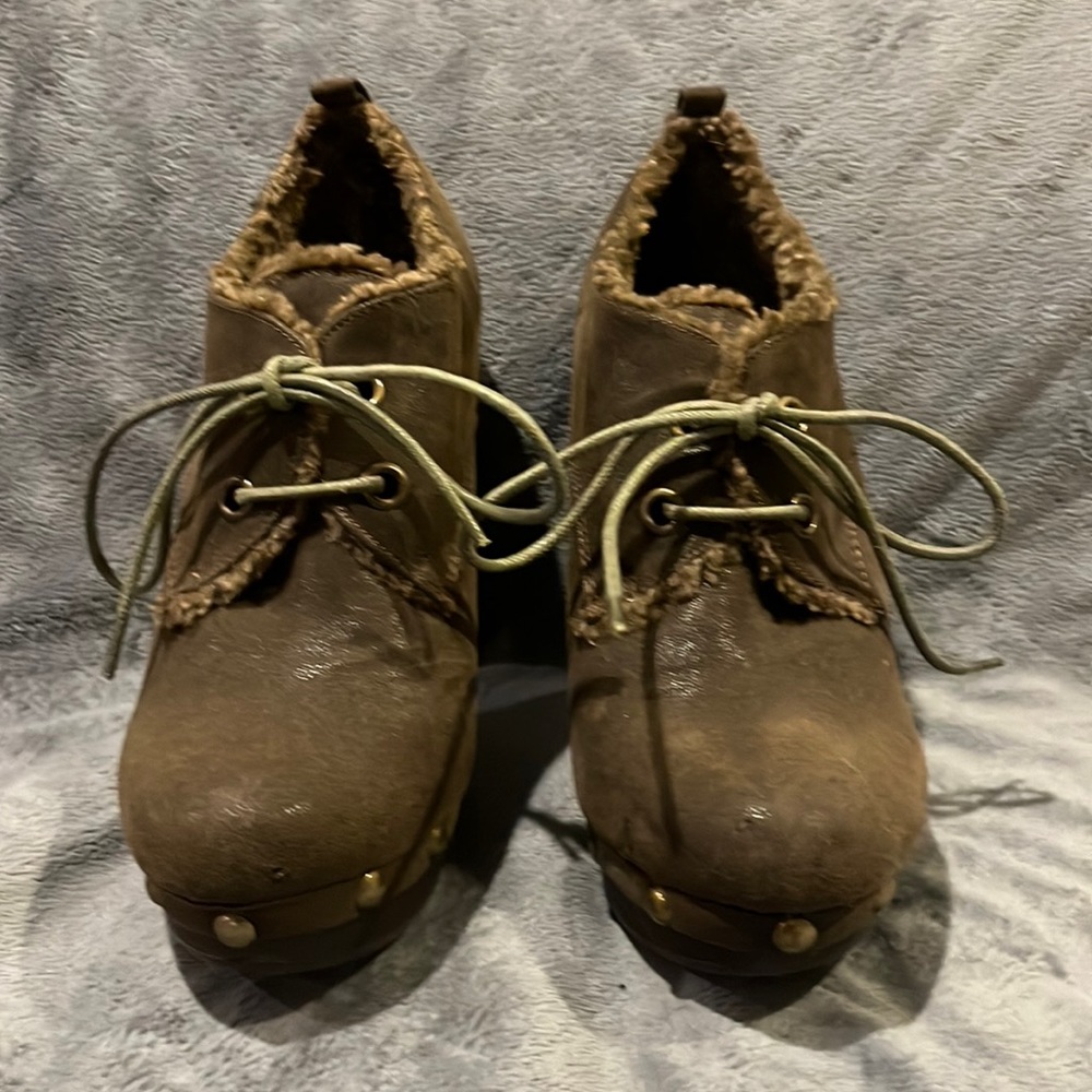 Brown suede with fleece trim high heel bootie 3 1/2” with 1” platform